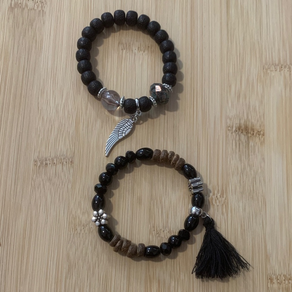 Black and Brown Beaded Bracelets with Charm set